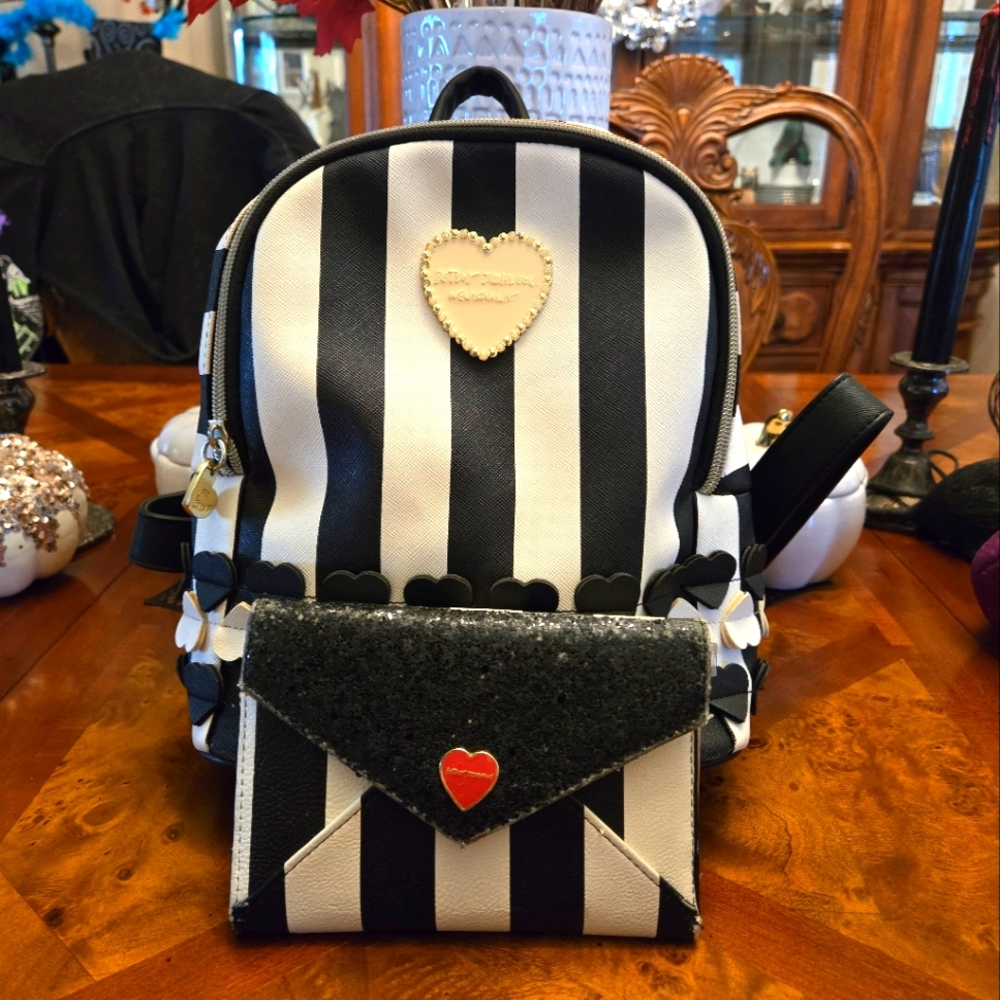 Betsy Johnson (Beetlejuice inspired) striped backpack purse w/ matching wallet